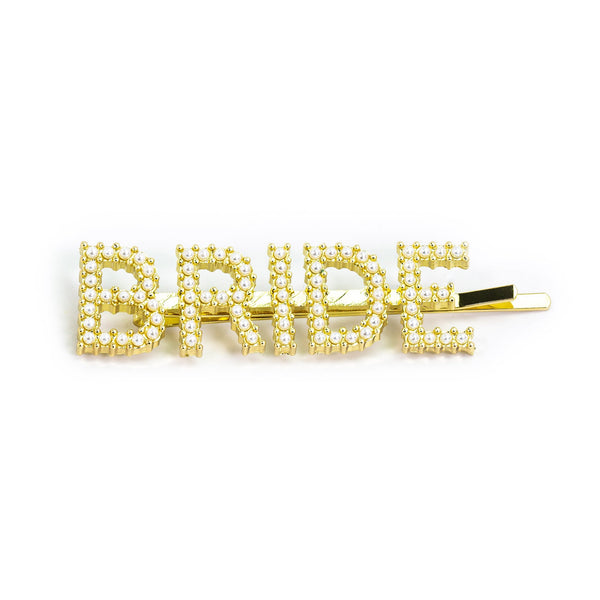 Hairpin “BRIDE” with White Pearls in gold tone