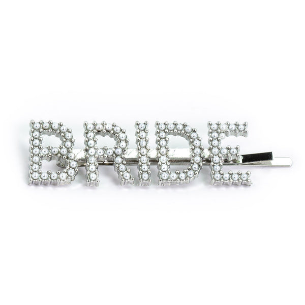 Hairpin “BRIDE” with White Pearls in silver tone