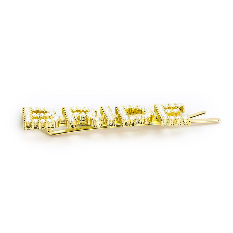 Hairpin “BRIDE” with White Pearls in gold tone