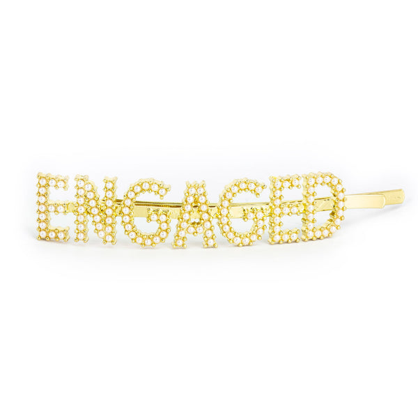 Hairpin "ENGAGED" with White Pearls in gold tone