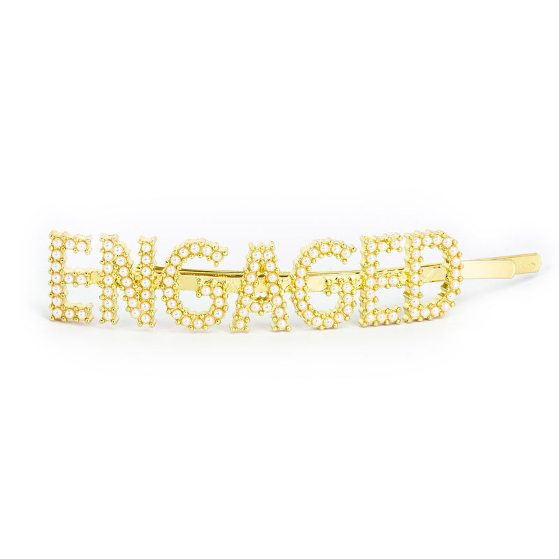 Hairpin "ENGAGED" with White Pearls in gold tone