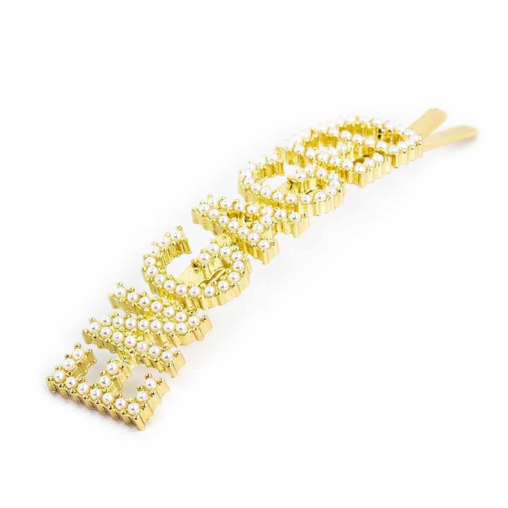 Hairpin "ENGAGED" with White Pearls in gold tone