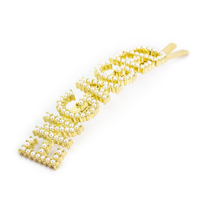 Hairpin "ENGAGED" with White Pearls in gold tone