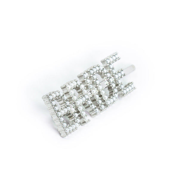 Hairpin “BRIDE” with White Pearls in silver tone