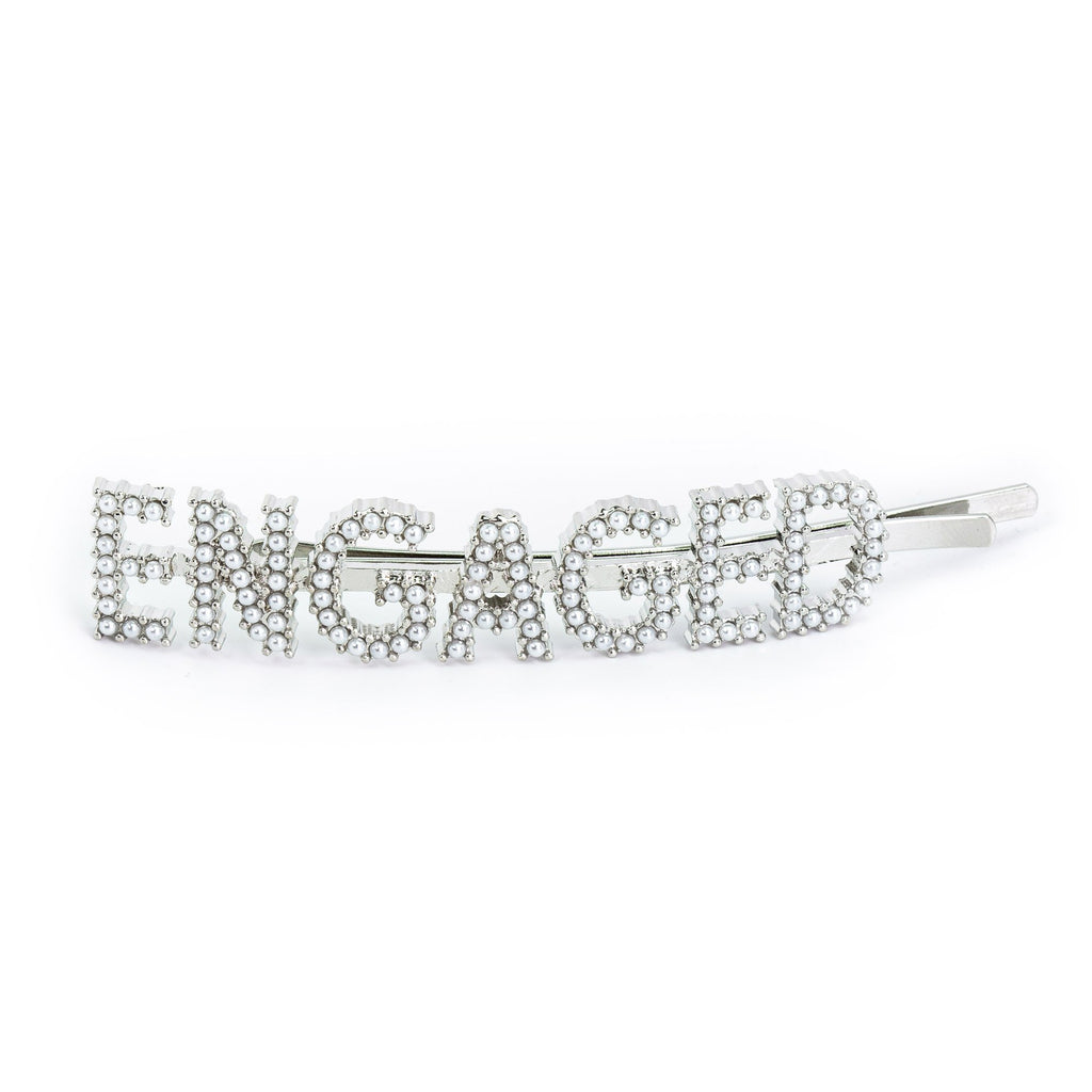 Hairpin “ENGAGED” with White Pearls in silver tone