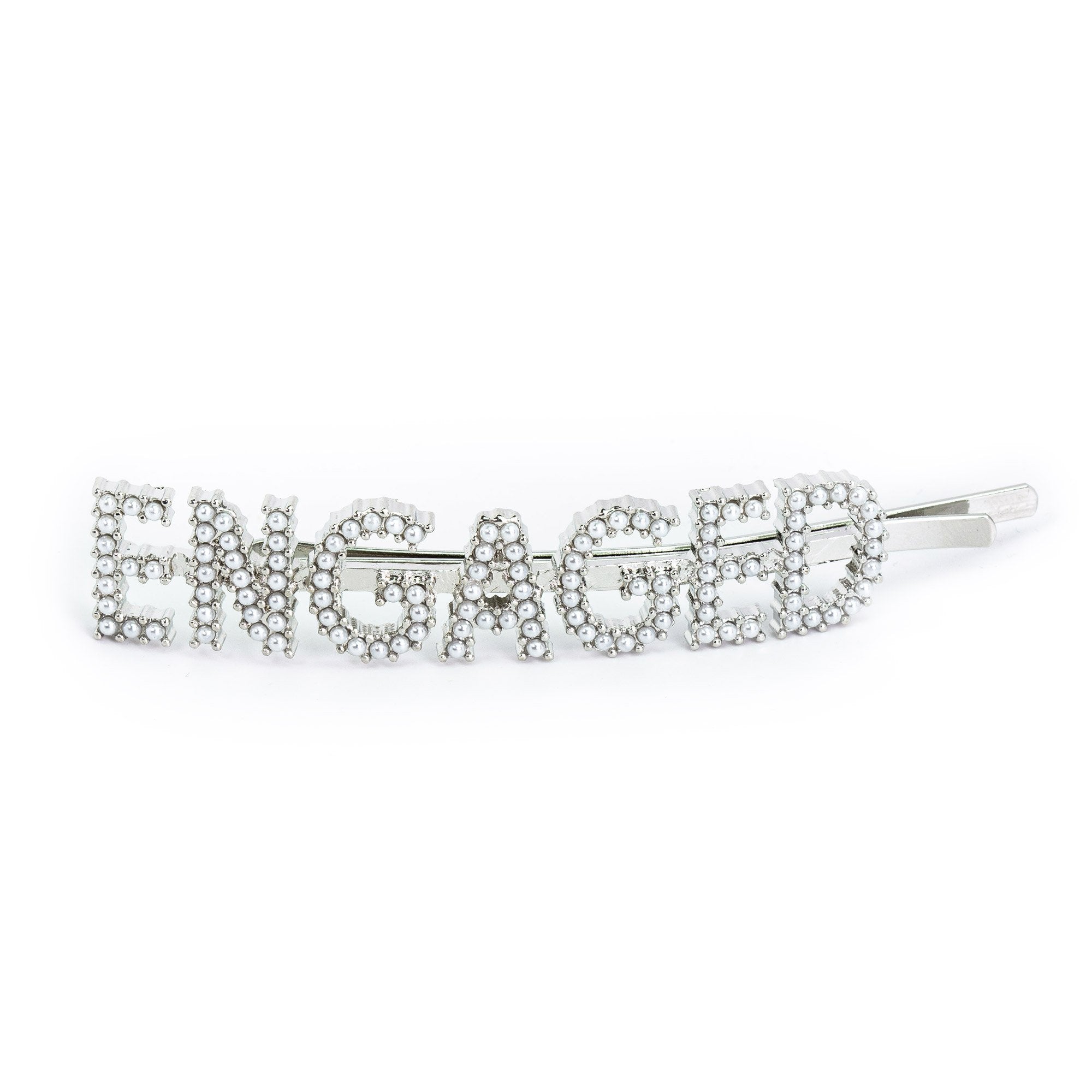 Hairpin “ENGAGED” with White Pearls in silver tone