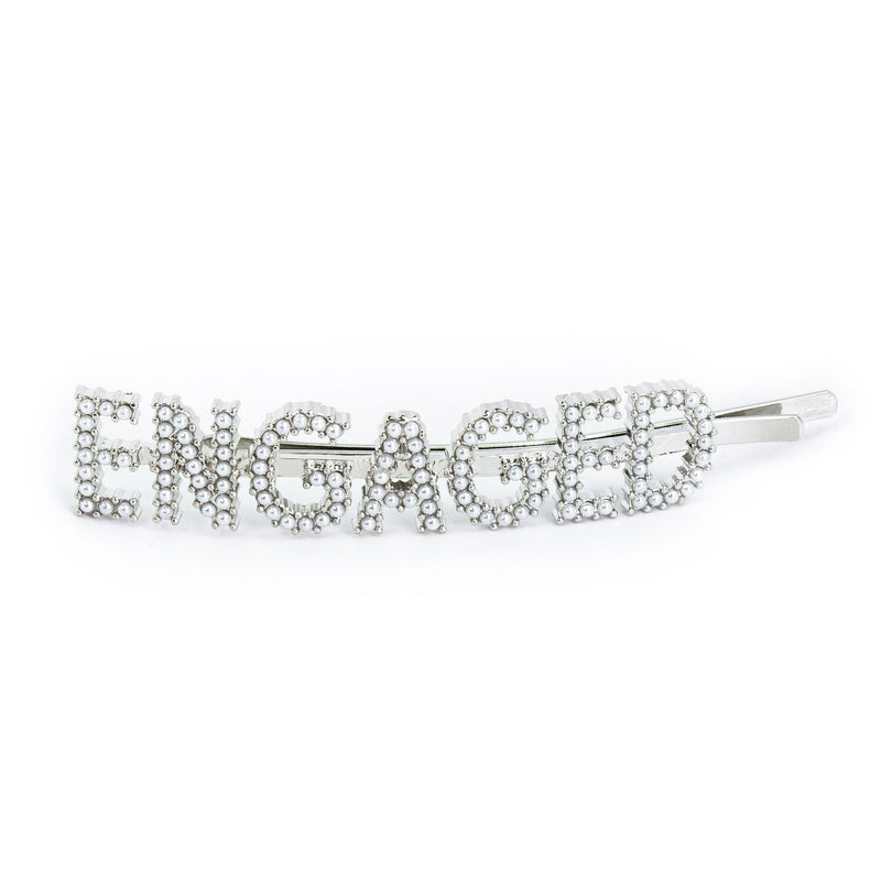 Hairpin “ENGAGED” with White Pearls in silver tone