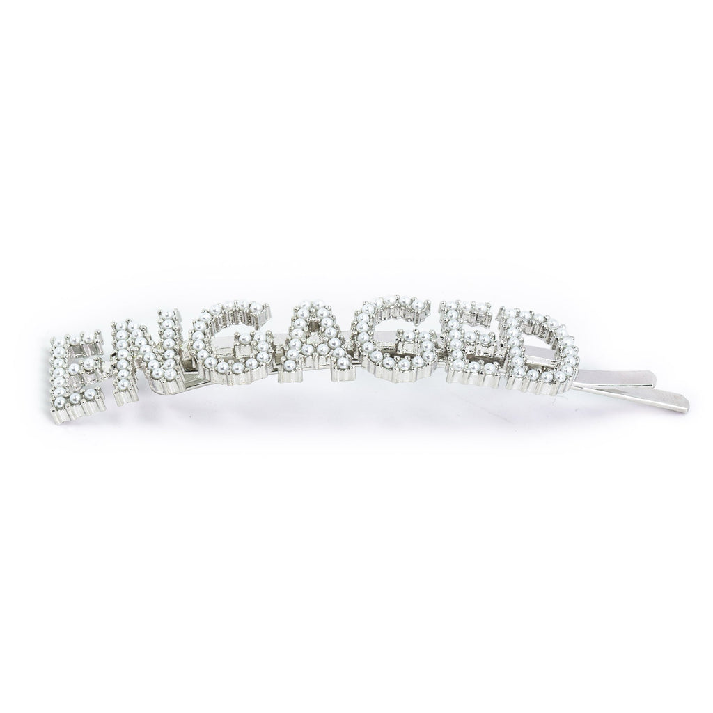 Hairpin “ENGAGED” with White Pearls in silver tone