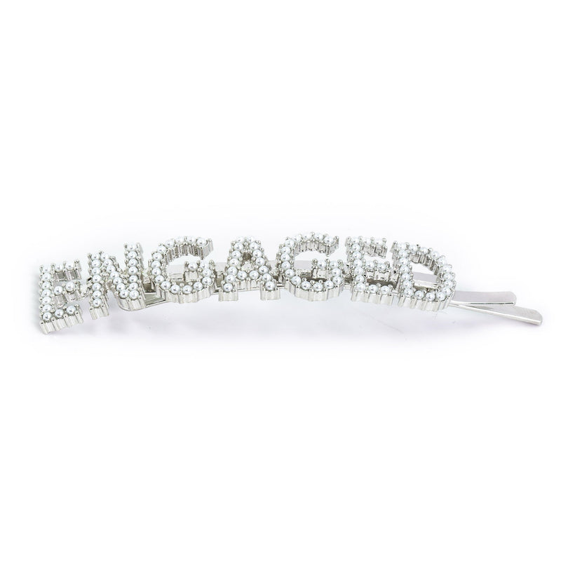 Hairpin “ENGAGED” with White Pearls in silver tone